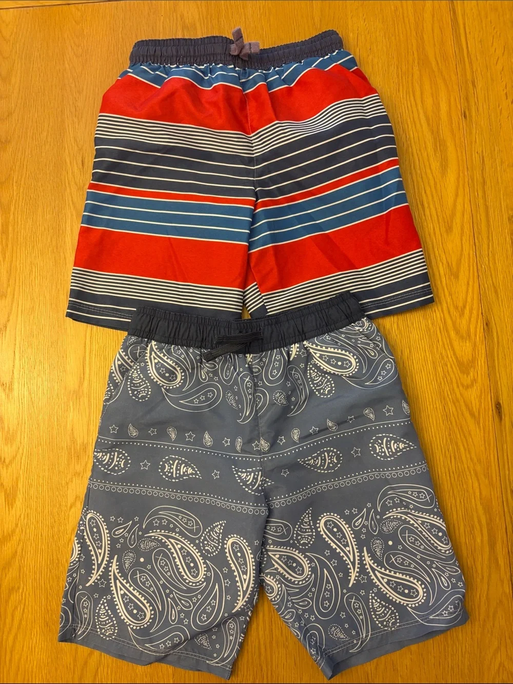 White Company Boys Blue & Red Striped& Navy Paisley Swim Shorts, 2Pack, 4-5 yrs